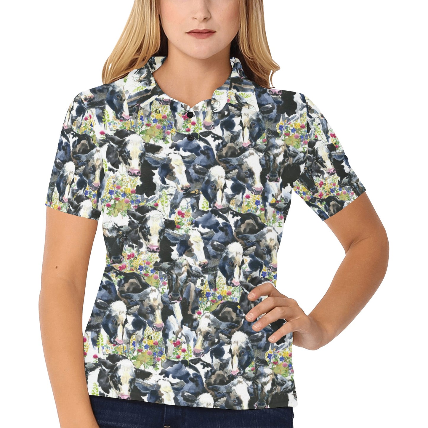 Cow Watercolor Print Pattern Women's Polo Shirt