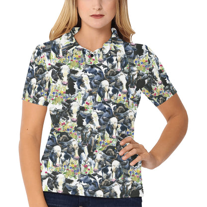 Cow Watercolor Print Pattern Women's Polo Shirt