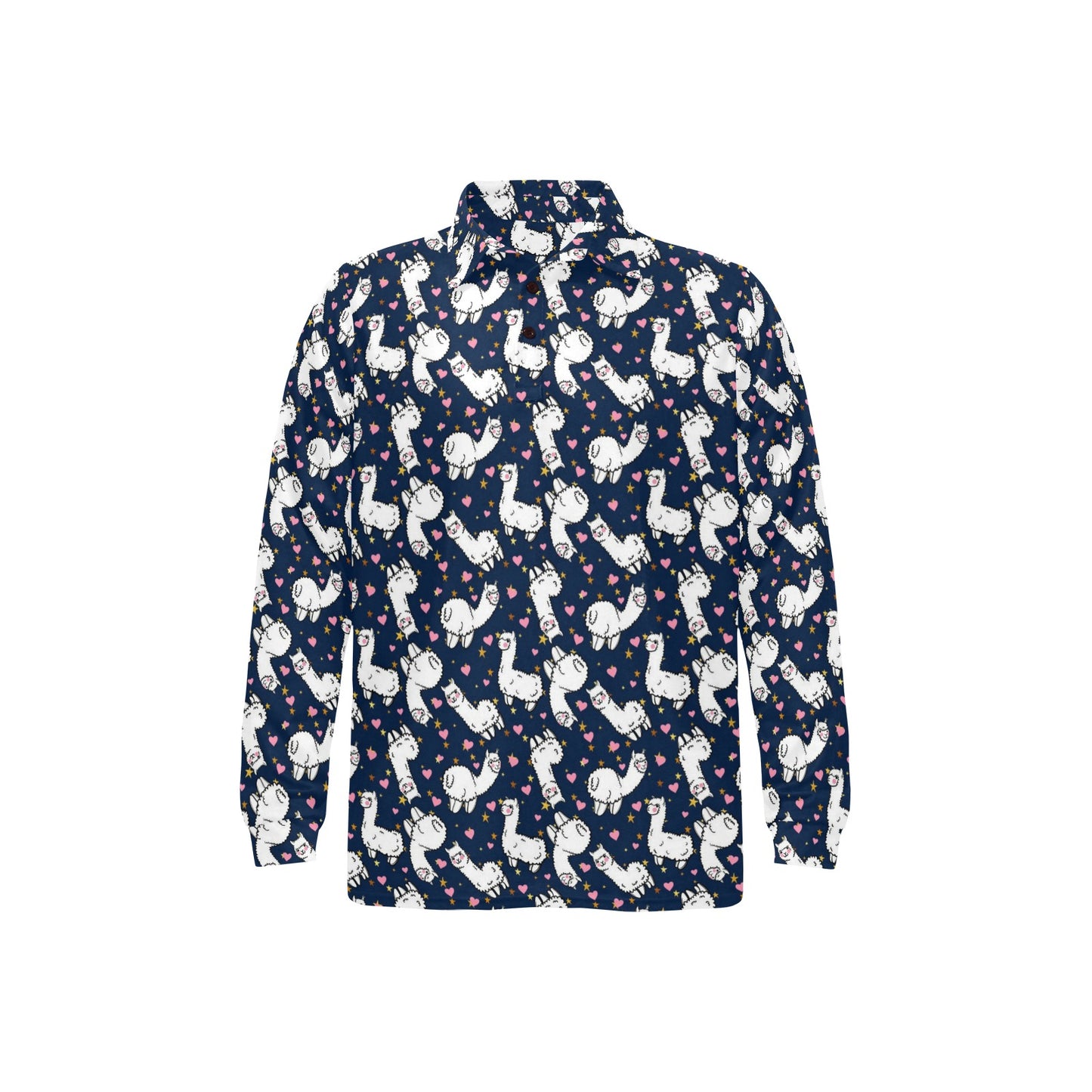 Alpaca Heart Star Design Themed Print Long Sleeve Polo Shirt For Men's