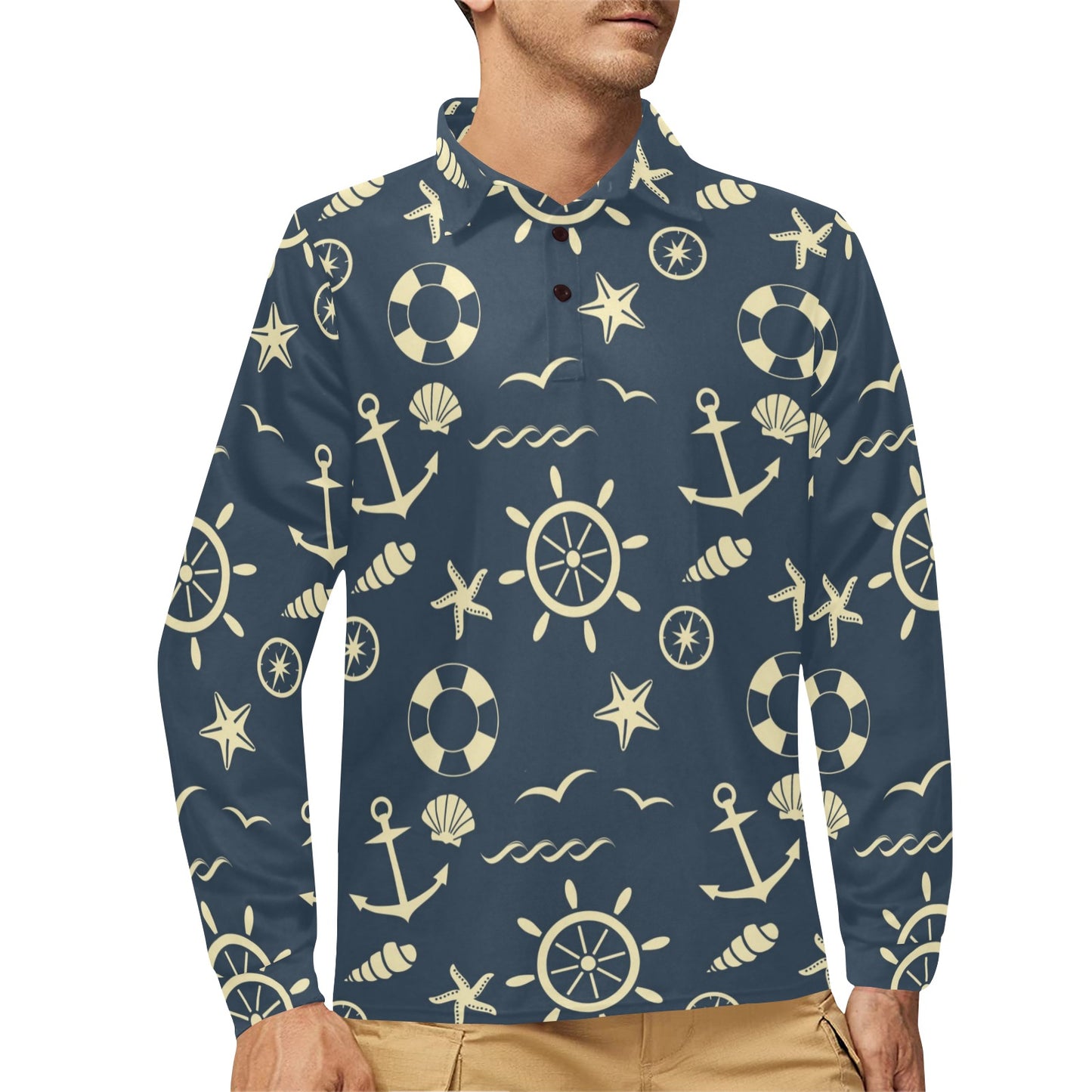 Nautical Pattern Print Design A01 Long Sleeve Polo Shirt For Men's