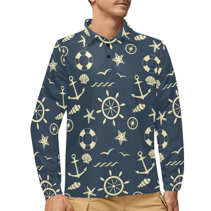 Nautical Pattern Print Design A01 Long Sleeve Polo Shirt For Men's