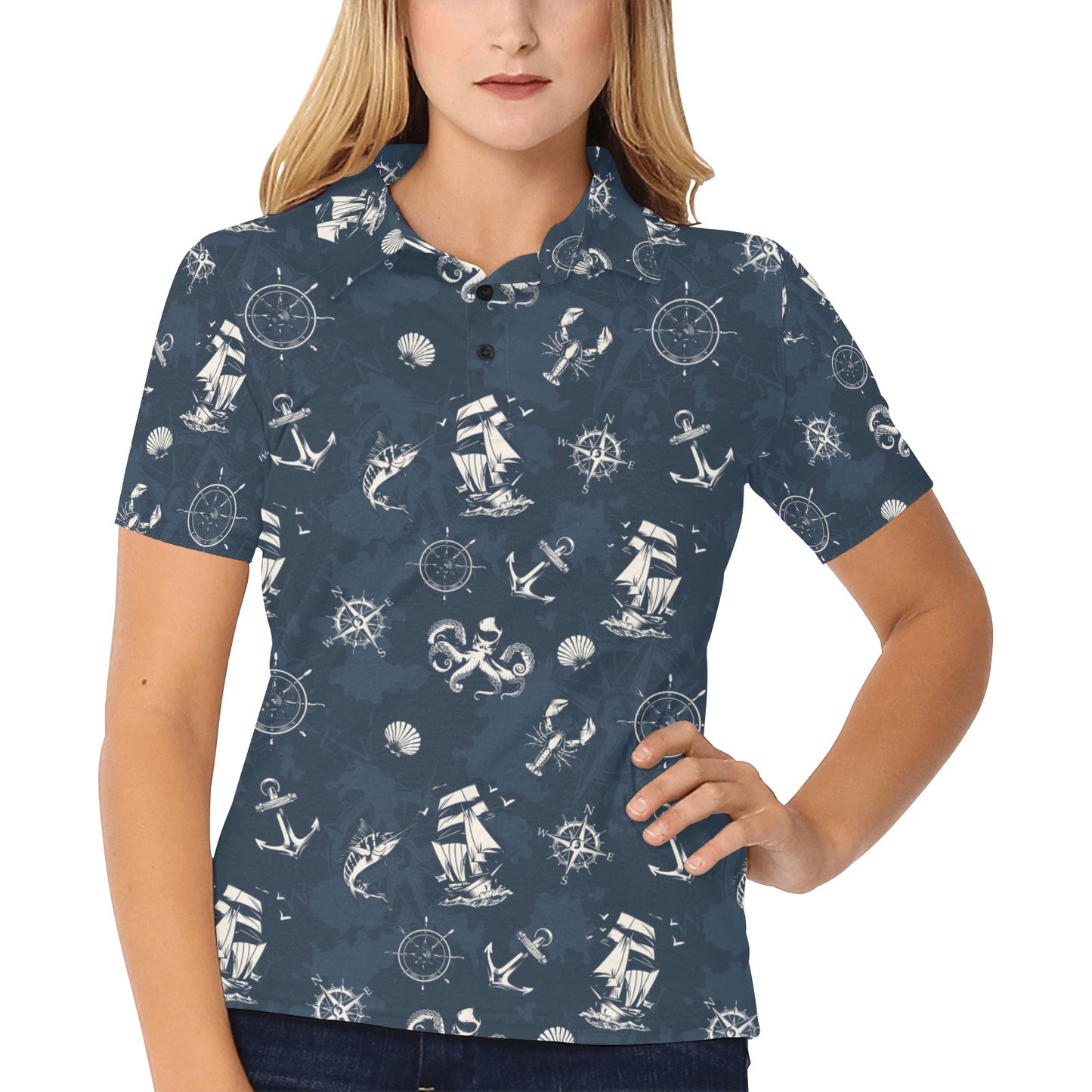 Nautical Sea Themed Print Women's Polo Shirt