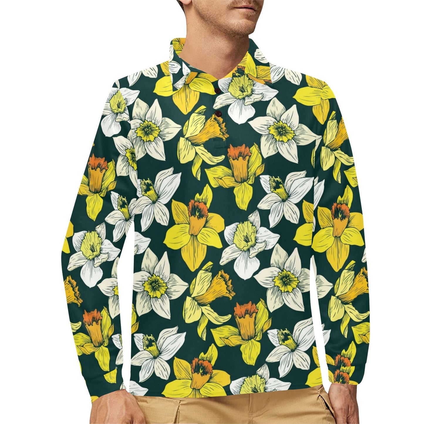 Daffodils Pattern Print Design DF02 Long Sleeve Polo Shirt For Men's