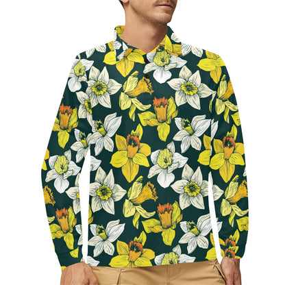 Daffodils Pattern Print Design DF02 Long Sleeve Polo Shirt For Men's