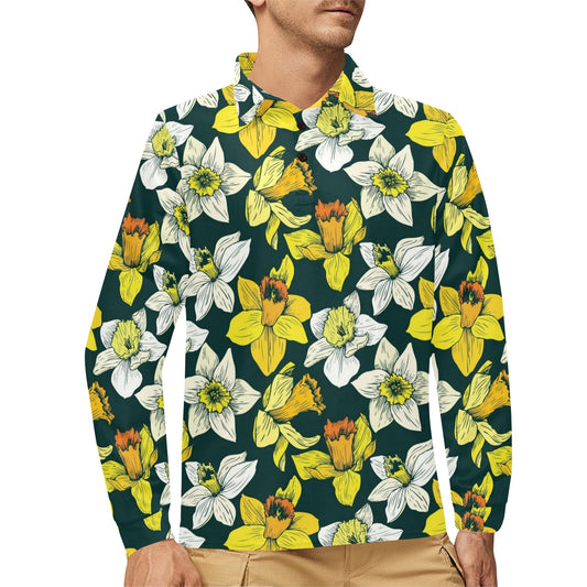 Daffodils Pattern Print Design DF02 Long Sleeve Polo Shirt For Men's