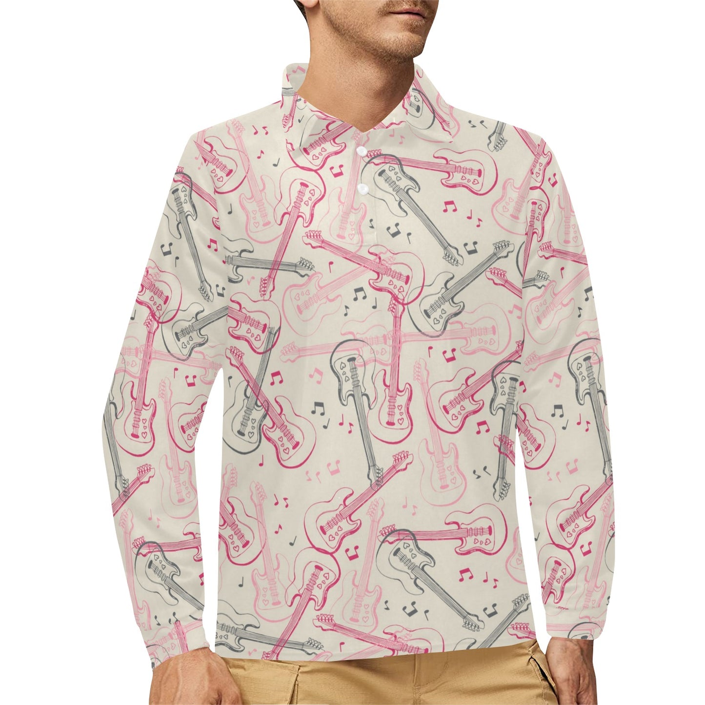 Bass Guitar Pattern Print Design 02 Long Sleeve Polo Shirt For Men's