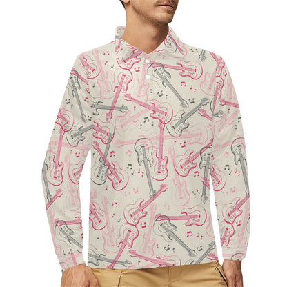 Bass Guitar Pattern Print Design 02 Long Sleeve Polo Shirt For Men's