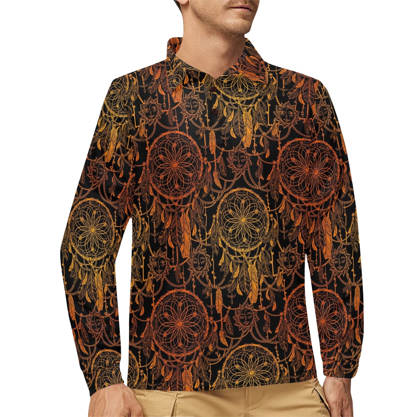 Dream catcher Sun and Moon Long Sleeve Polo Shirt For Men's