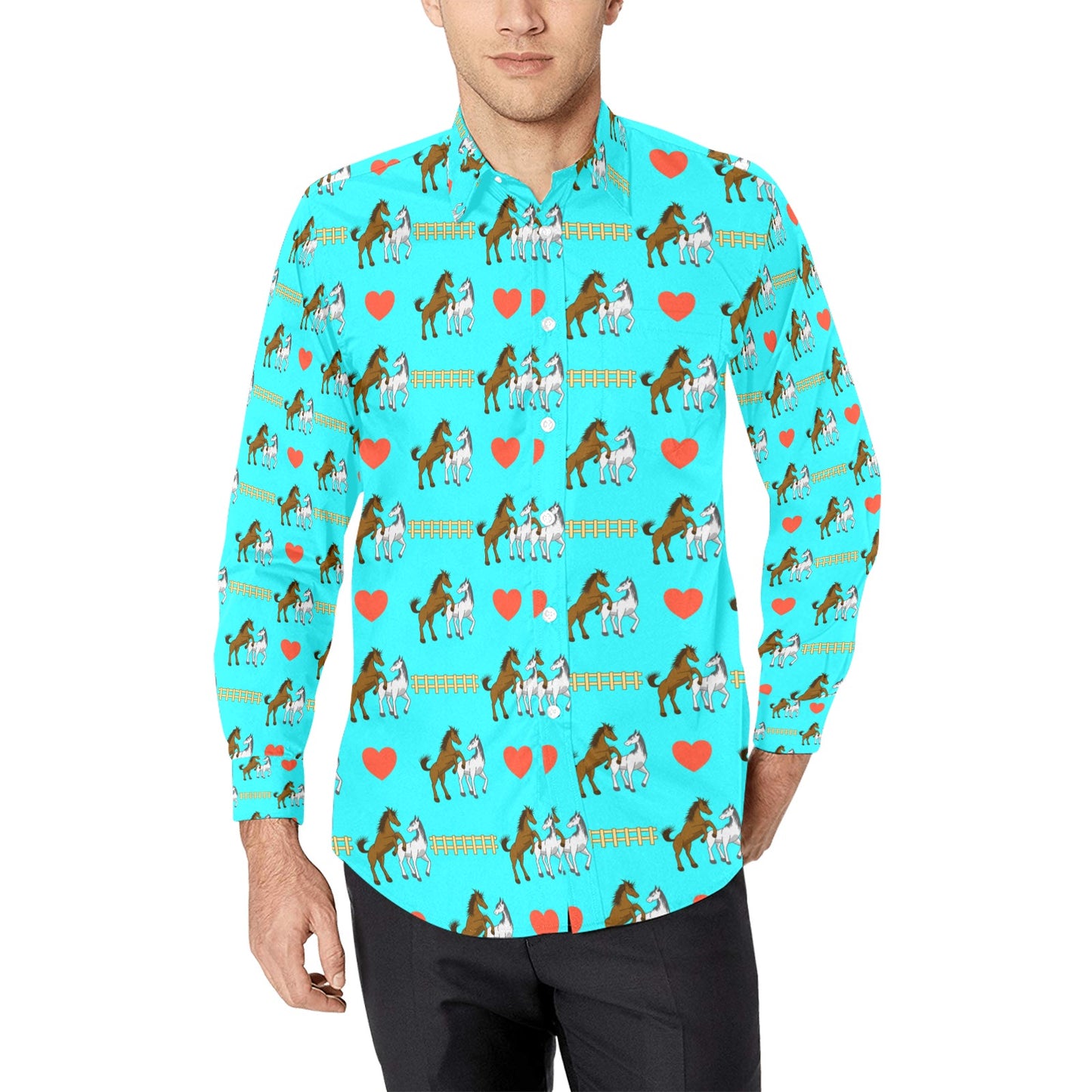 Horse Couple Love Print Design LKS309 Men's Long Sleeve Dress Shirt