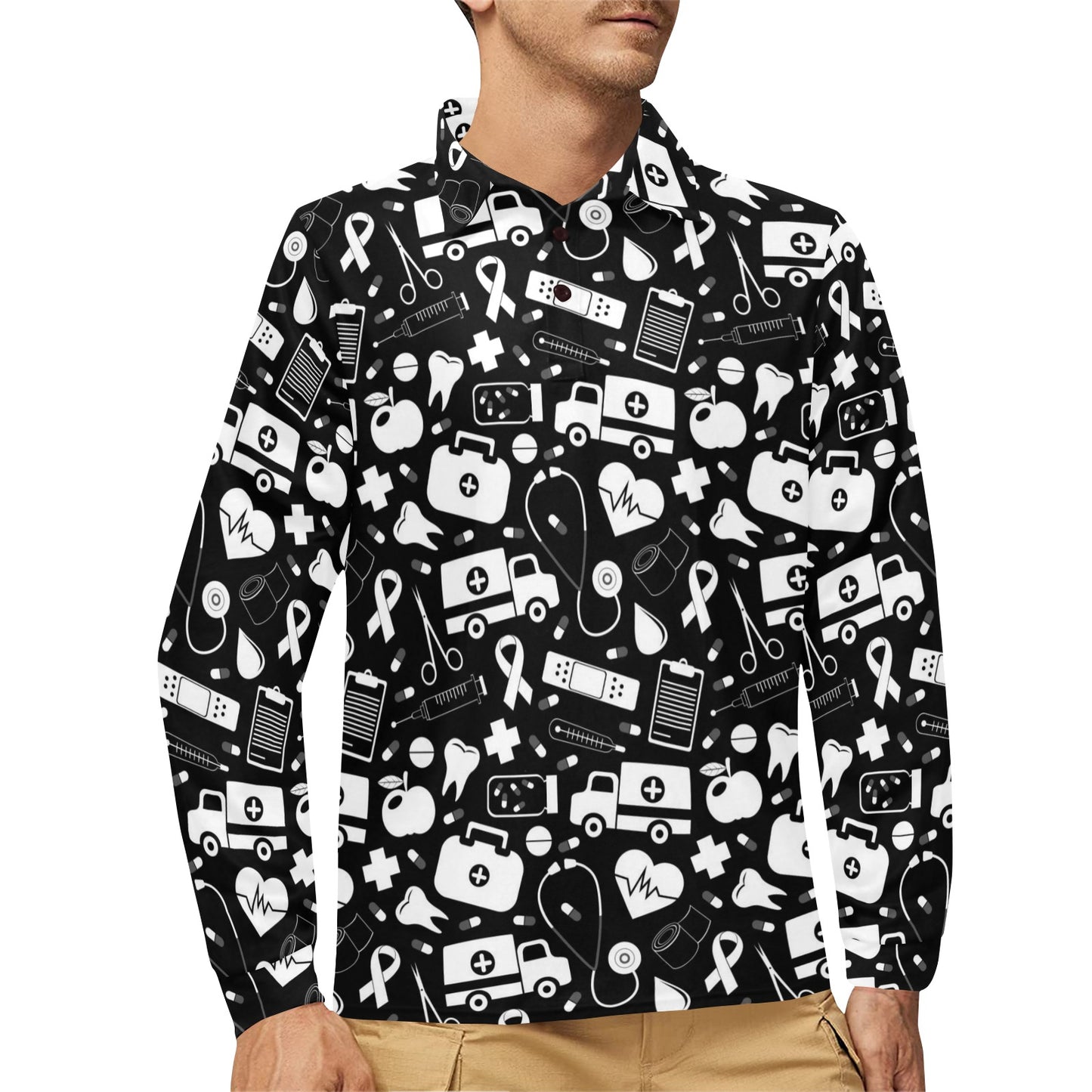 Medical Pattern Print Design 01 Long Sleeve Polo Shirt For Men's