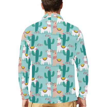 Llama Cactus Pattern Print Design 08 Long Sleeve Polo Shirt For Men's