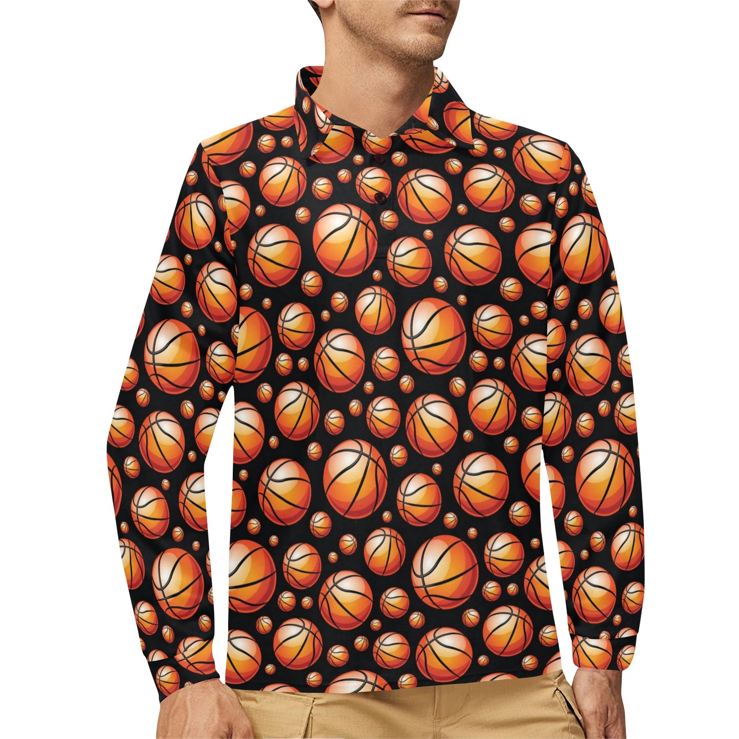Basketball Black Background Pattern Long Sleeve Polo Shirt For Men's