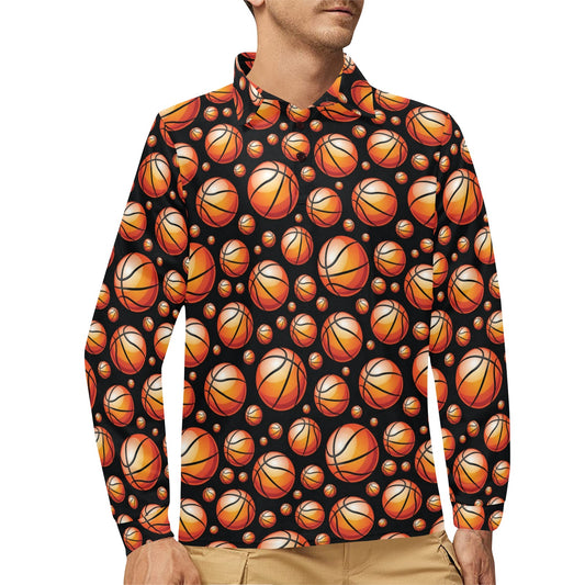 Basketball Black Background Pattern Long Sleeve Polo Shirt For Men's