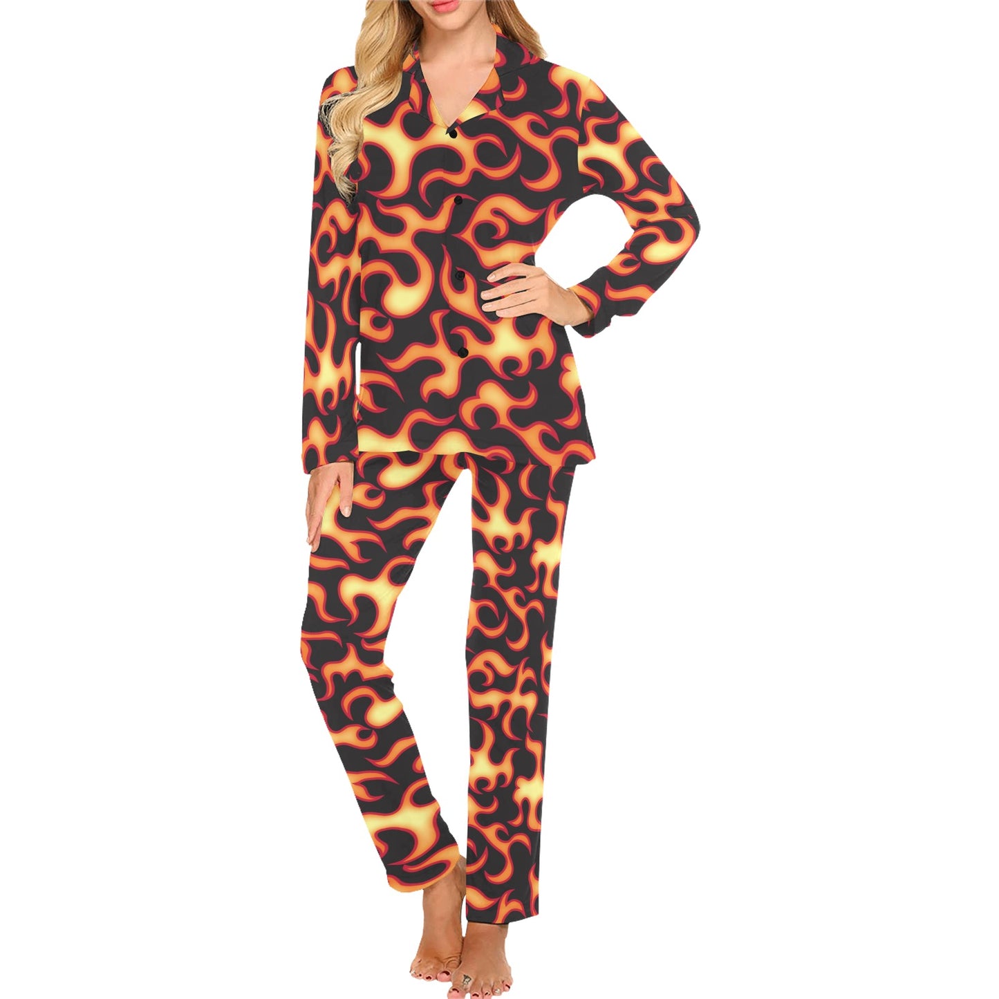 Flame Fire Themed Print Women's Long Pajama Set