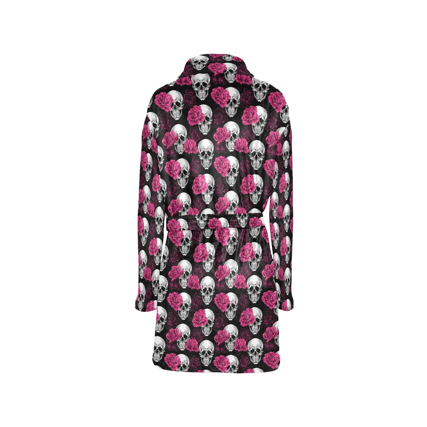 Pink Rose Skull Themed Print Women's Fleece Robe