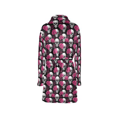 Pink Rose Skull Themed Print Women's Fleece Robe