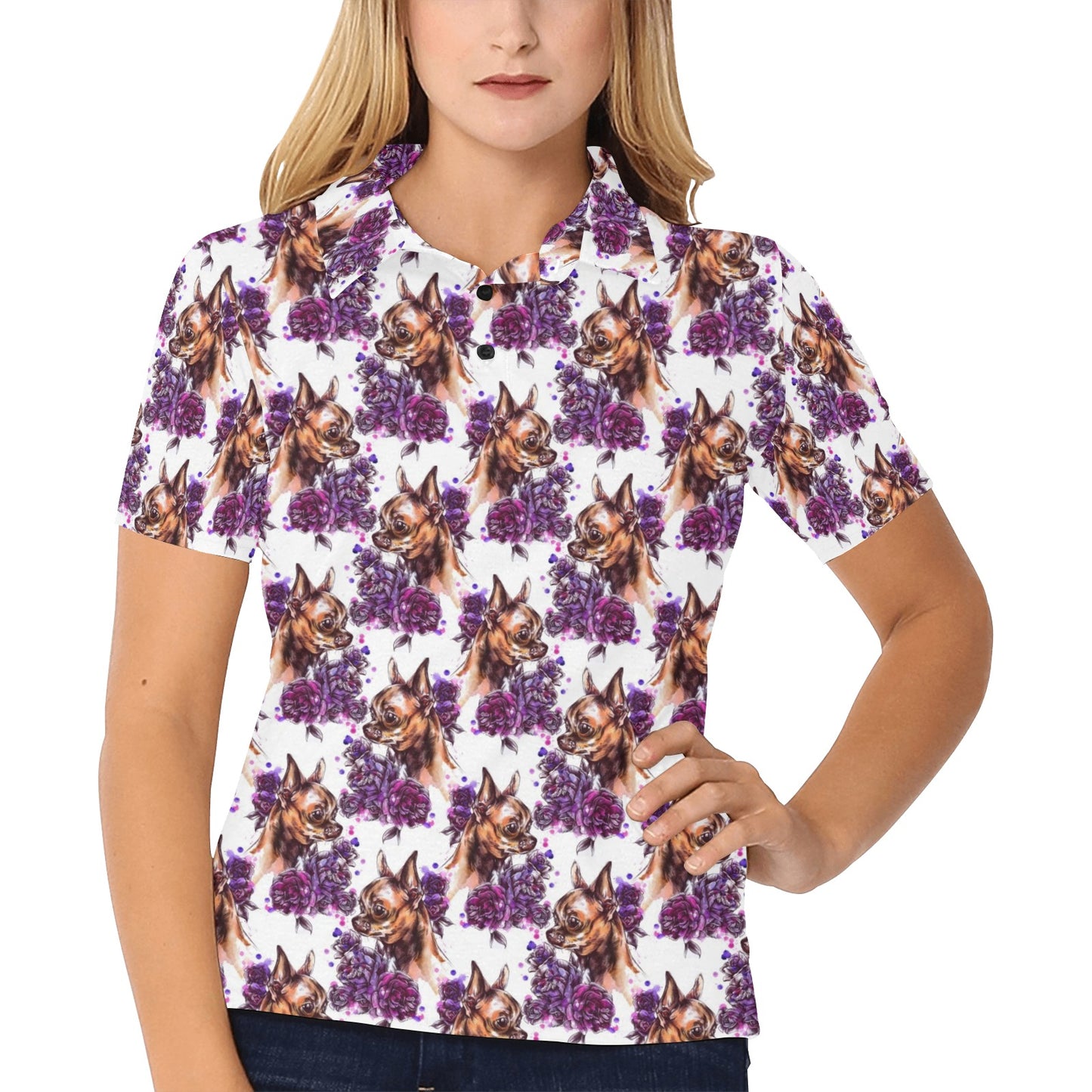 Chihuahua Purple Floral Women's Polo Shirt