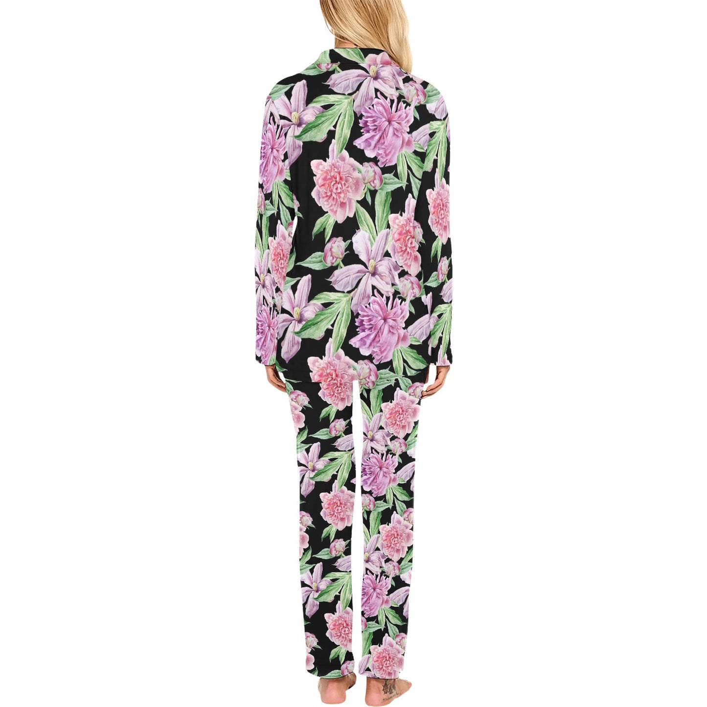 Peony Pattern Print Design PE08 Women's Long Pajama Set