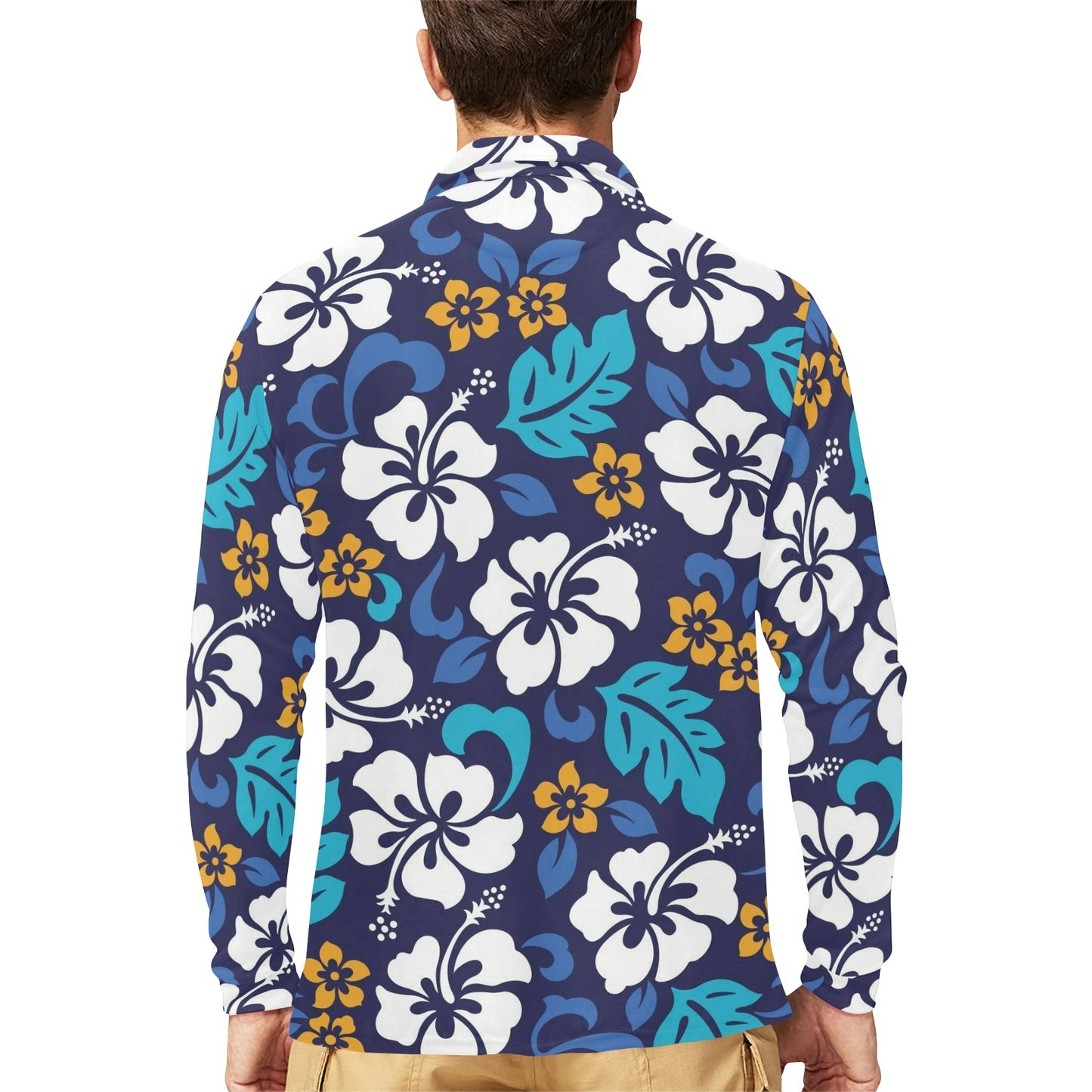Hibiscus Pattern Print Design HB030 Long Sleeve Polo Shirt For Men's