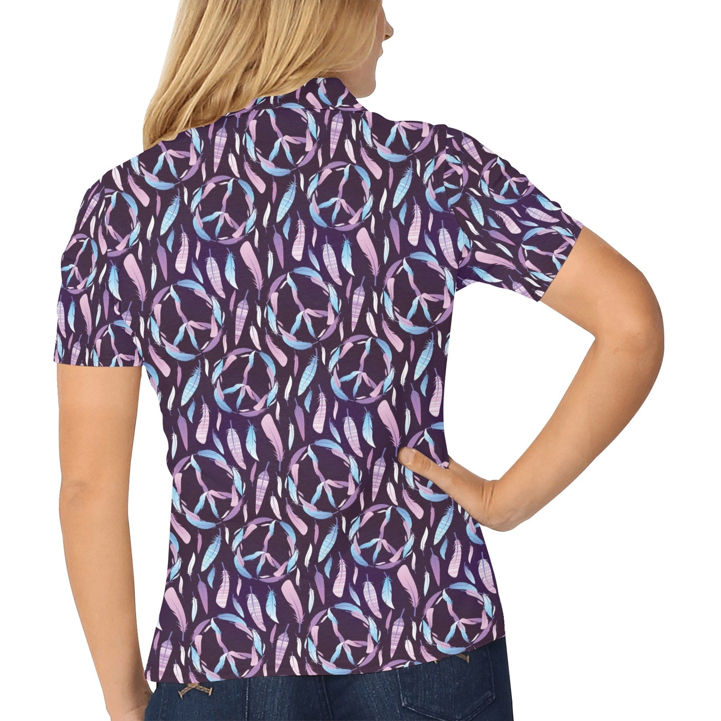 Peace Sign Feather Design Print Women's Polo Shirt