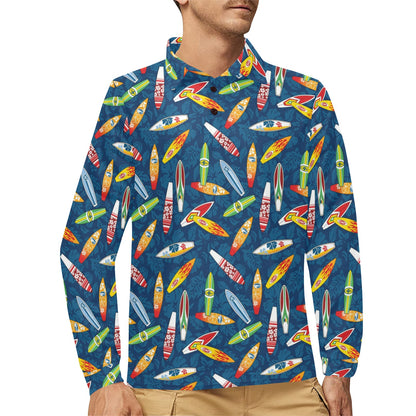 Surfboard Pattern Print Long Sleeve Polo Shirt For Men's