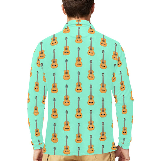 Acoustic Guitar Print Design LKS403 Long Sleeve Polo Shirt For Men's