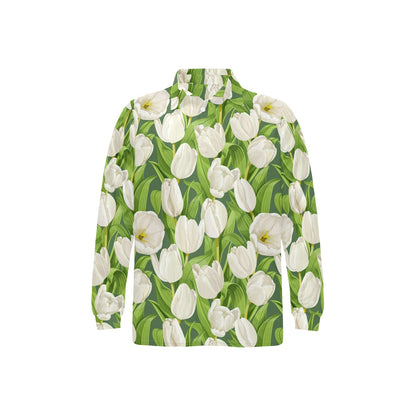 Tulip White Pattern Print Design TP05 Long Sleeve Polo Shirt For Men's