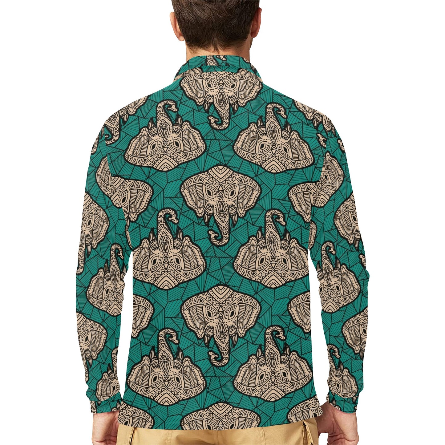 Boho Head Elephant Long Sleeve Polo Shirt For Men's