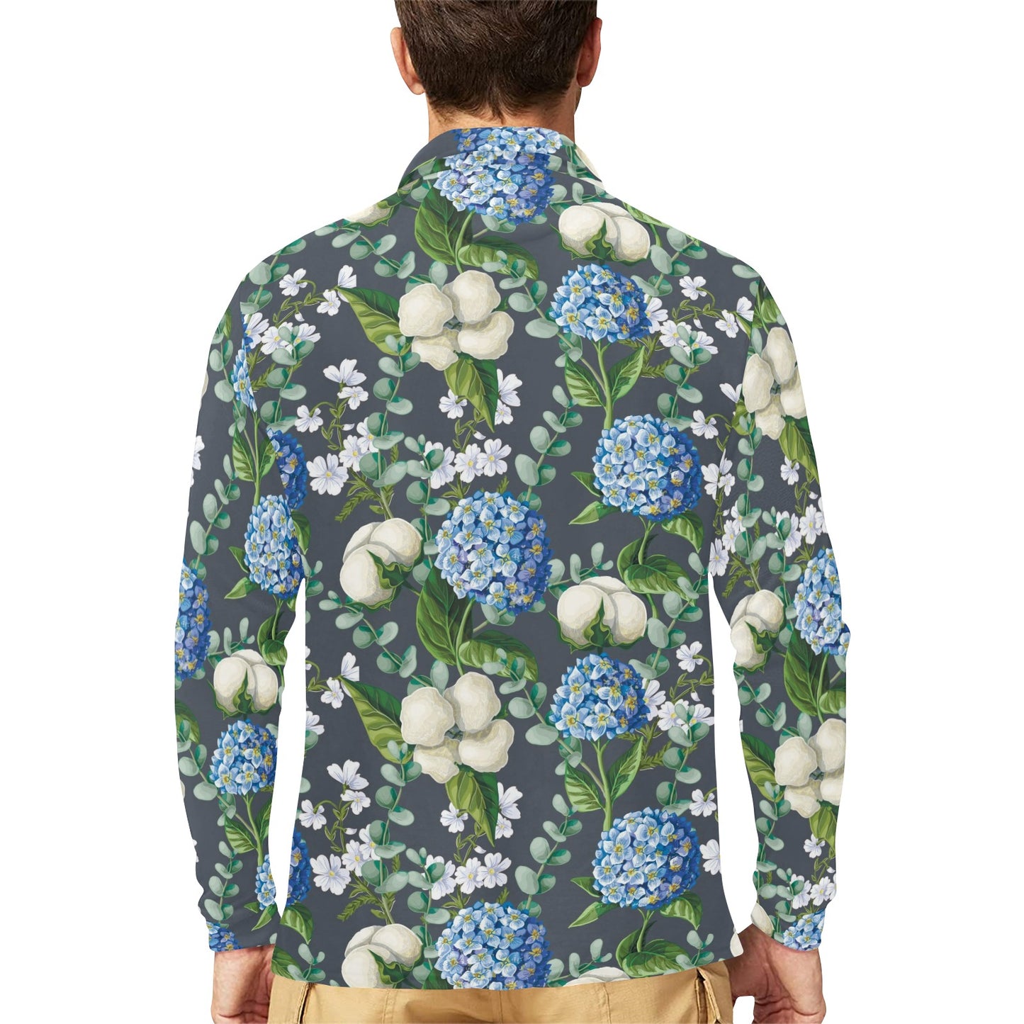 Hydrangea Pattern Print Design 02 Long Sleeve Polo Shirt For Men's