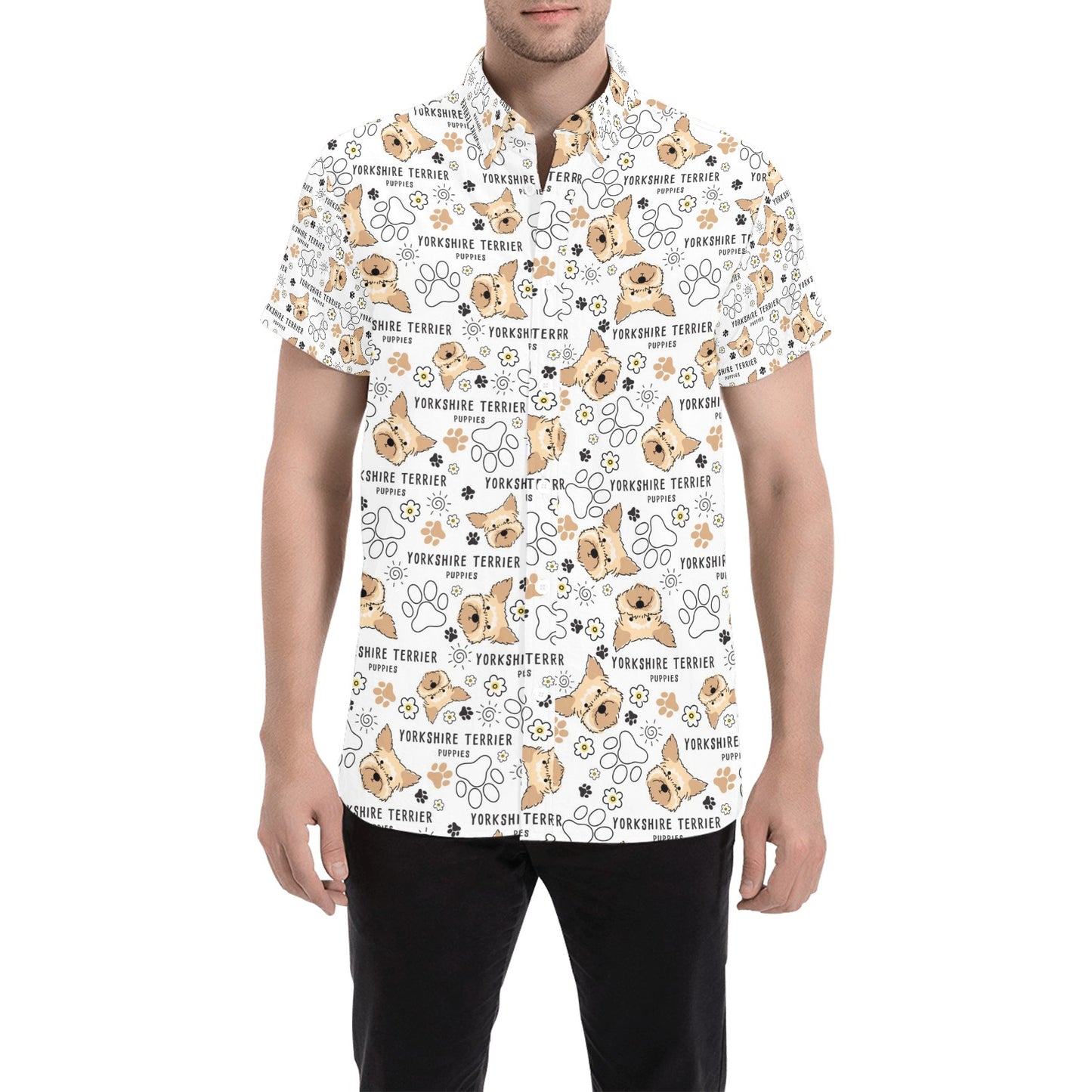 Yorkshire Terriers Print Design LKS308 Men Short Sleeve Button Up Shirt