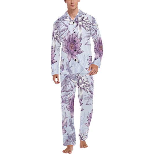 Water Lily Pattern Print Design WL01 Men's Long Pajama Set
