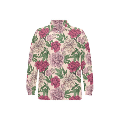 Peony Pattern Print Design A01 Long Sleeve Polo Shirt For Men's