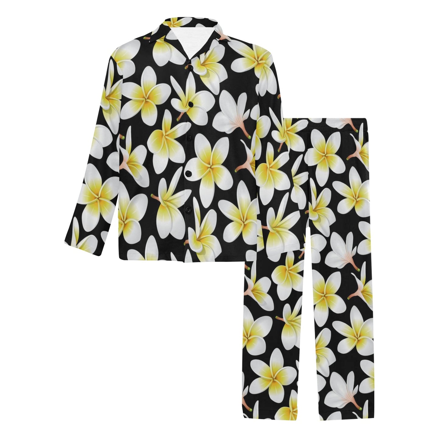 Yellow Plumeria Hawaiian Flowers Men's Long Pajama Set