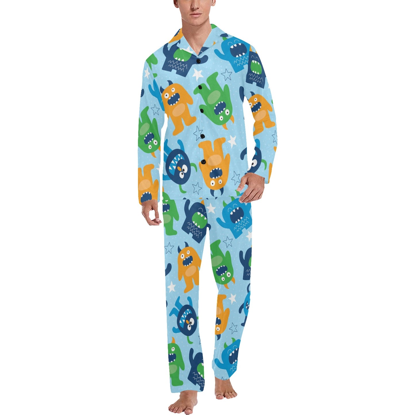 Monster Cartoon Pattern Print Design 04 Men's Long Pajama Set