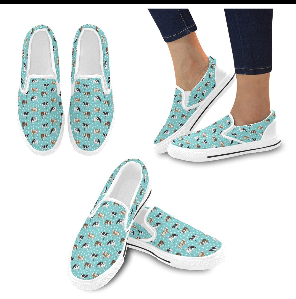 Cattle Print Design LKS405 White Slip Ons Canvas Women's Shoes