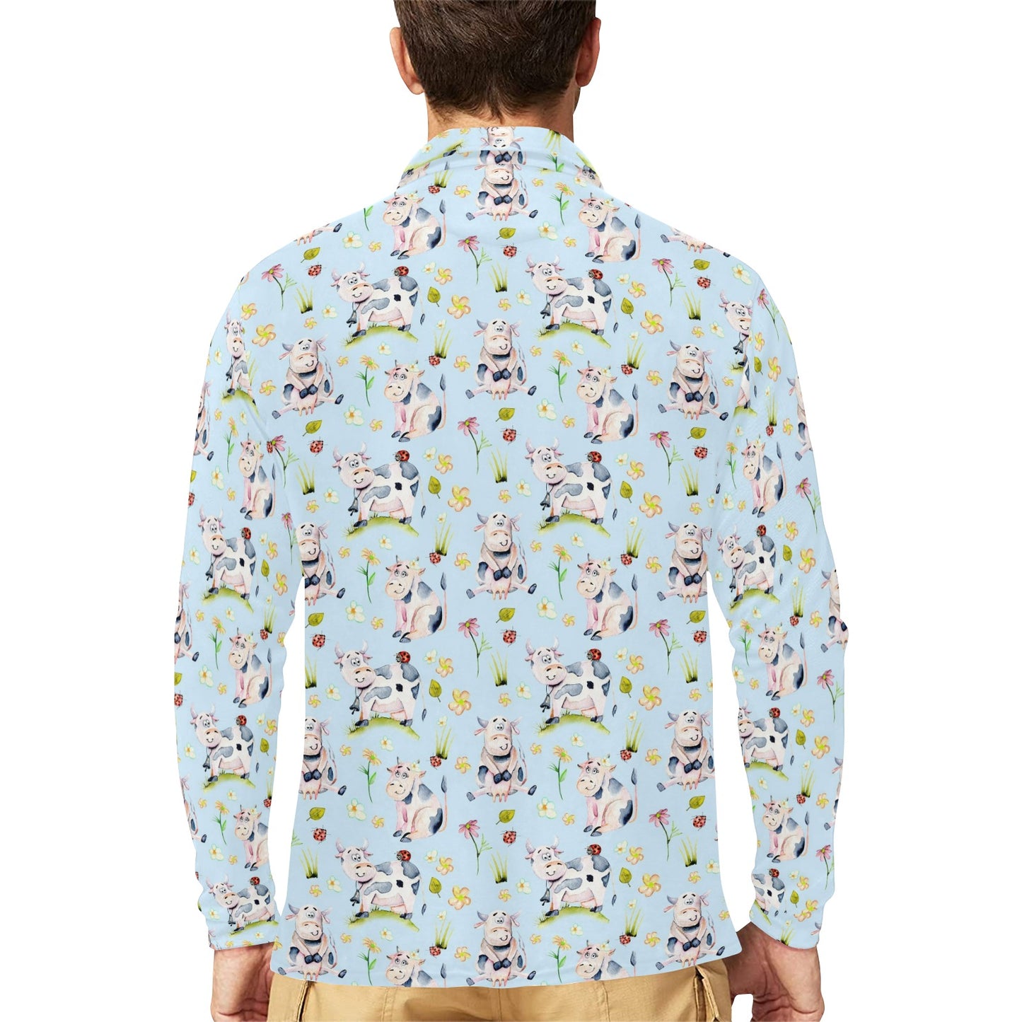 Cow Happy Pattern Print Design 05 Long Sleeve Polo Shirt For Men's