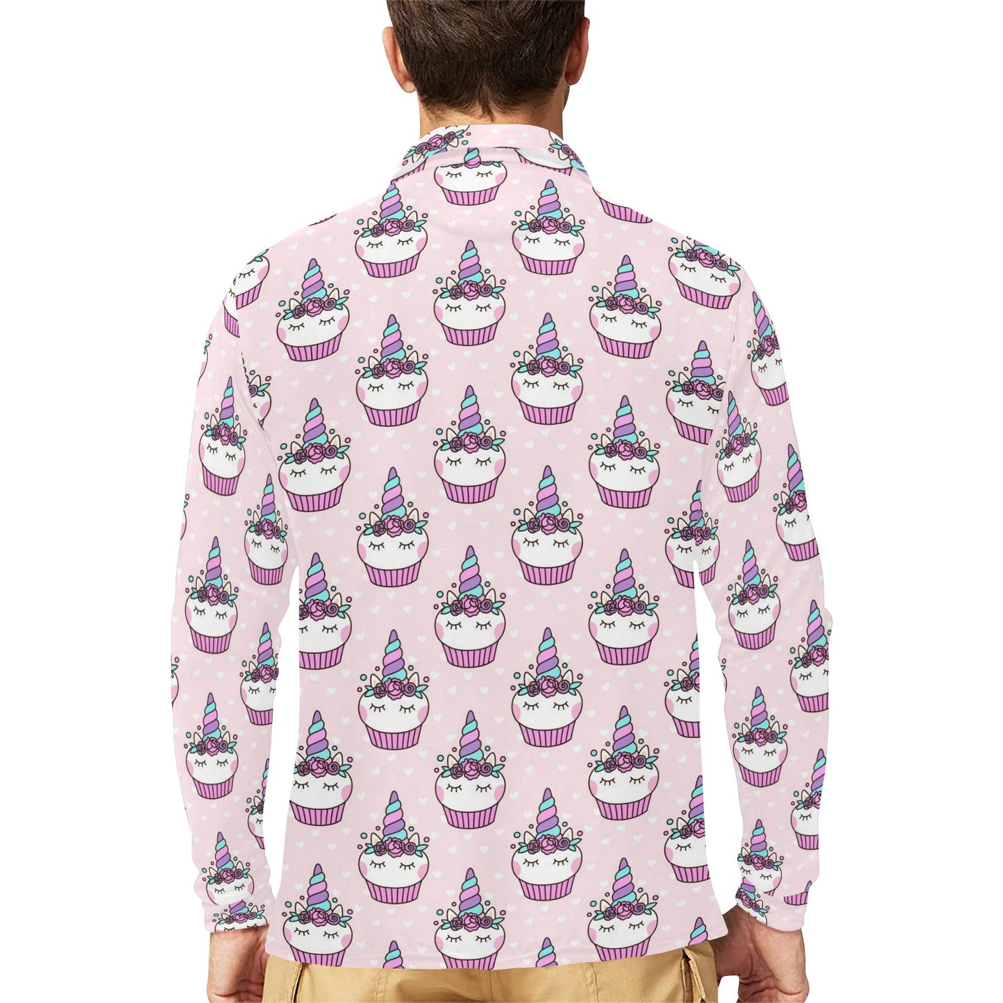 Cupcakes Unicorn Print Pattern Long Sleeve Polo Shirt For Men's