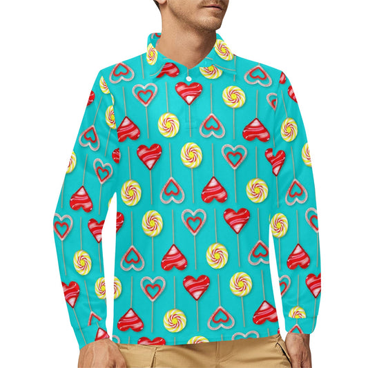 Lollipop Pattern Print Design LL06 Long Sleeve Polo Shirt For Men's
