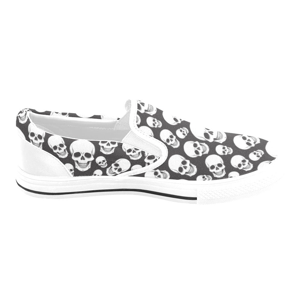 Skull Print Design LKS301 White Slip Ons Canvas Women's Shoes