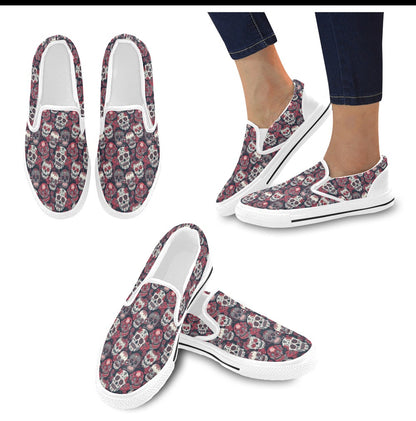 Sugar Skull Print Design LKS303 White Slip Ons Canvas Women's Shoes