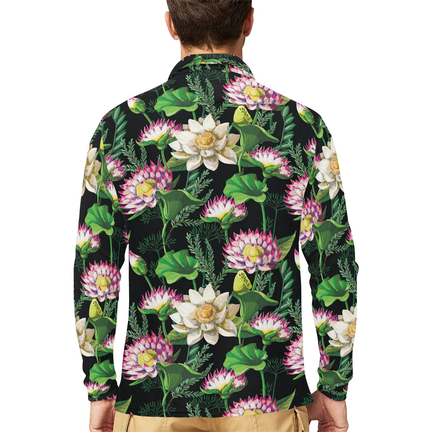 Water Lily Pattern Print Design WL010 Long Sleeve Polo Shirt For Men's