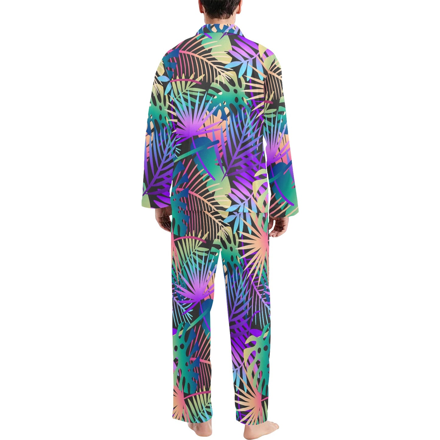 Neon Flower Tropical Palm Leaves Men's Long Pajama Set