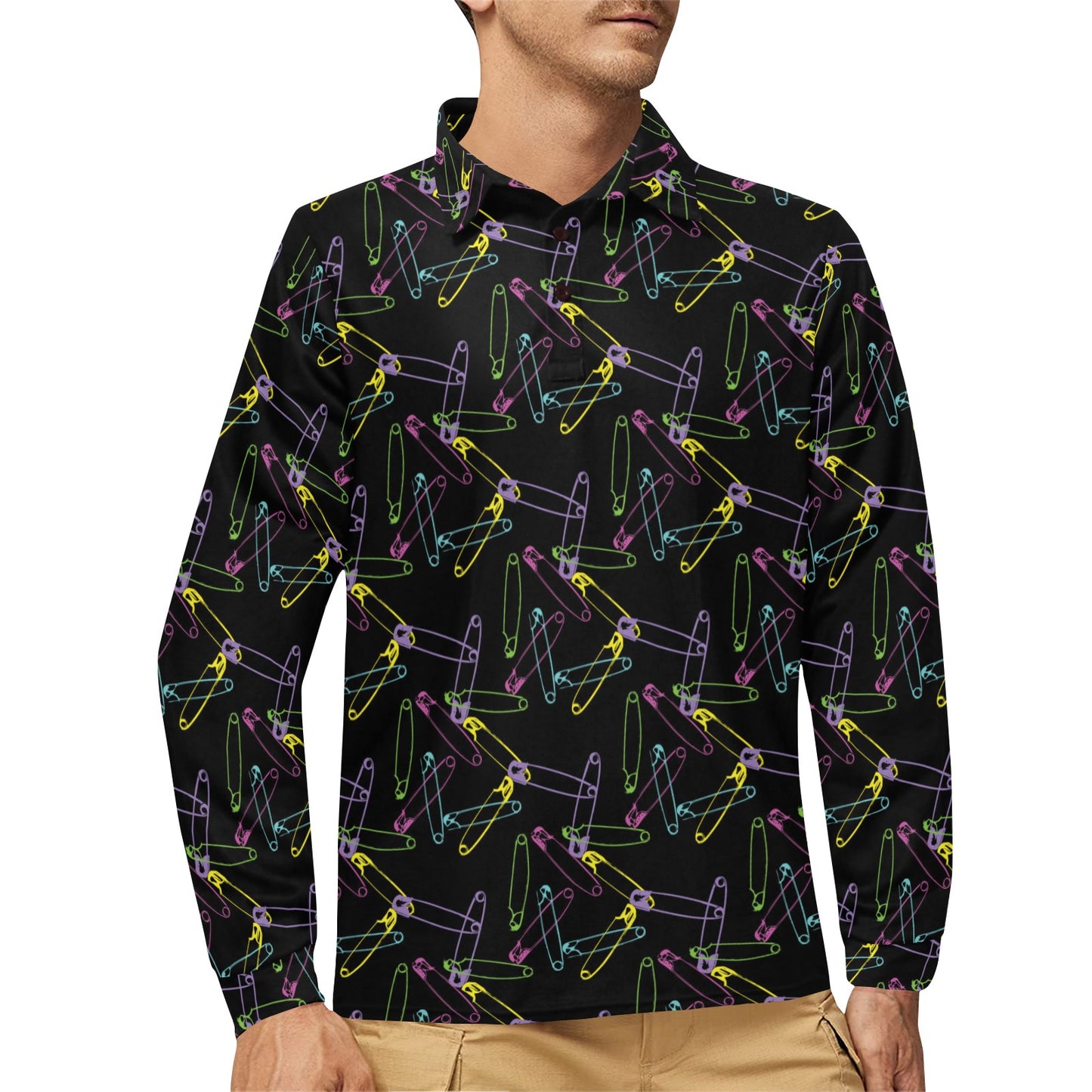 Safety Pin Print Design LKS304 Long Sleeve Polo Shirt For Men's