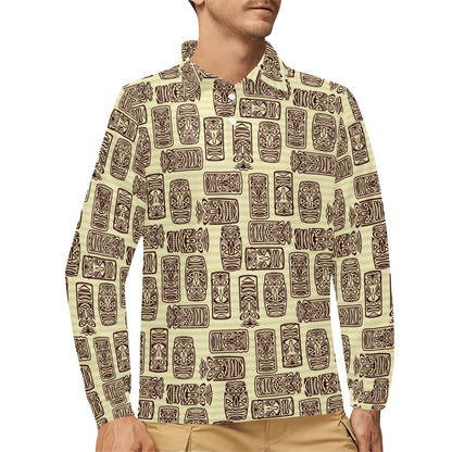 Tiki Brown Mask Print Long Sleeve Polo Shirt For Men's