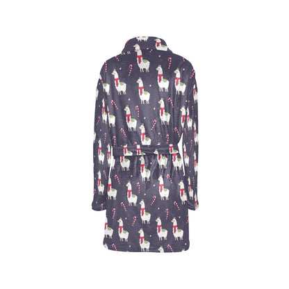 Llama with Candy Cane Themed Print Women's Fleece Robe