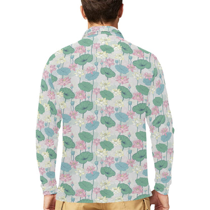 Water Lily Print Design LKS305 Long Sleeve Polo Shirt For Men's
