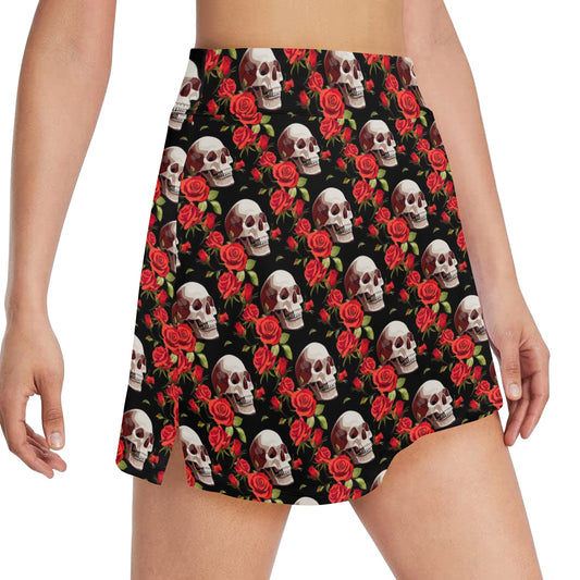 Red Rose Skull Design Print 17" Golf & Pickleball Skort with Pockets