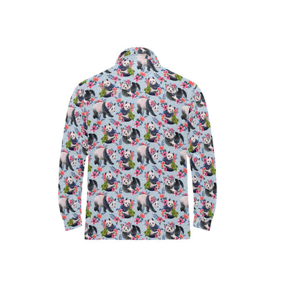 Panda Bear Flower Design Themed Print Long Sleeve Polo Shirt For Men's