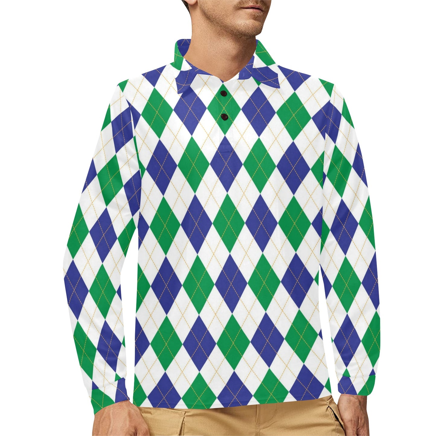 Argyle Green Blue Pattern Print Design 03 Long Sleeve Polo Shirt For Men's