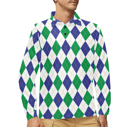 Argyle Green Blue Pattern Print Design 03 Long Sleeve Polo Shirt For Men's